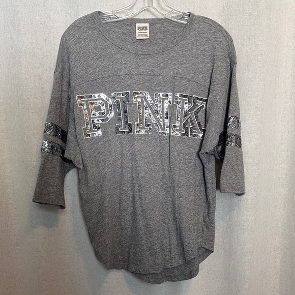 PINK Victoria's Secret Tops - PINK Victoria's Secret Gray Sequin Logo Short Sleeve Tee